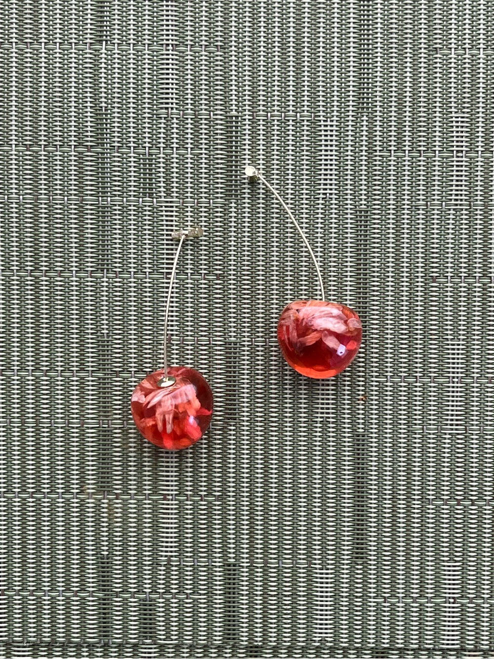 Red Cherry Dangle Drop Earrings with Resin and Dried Flowers, Gold-Tone